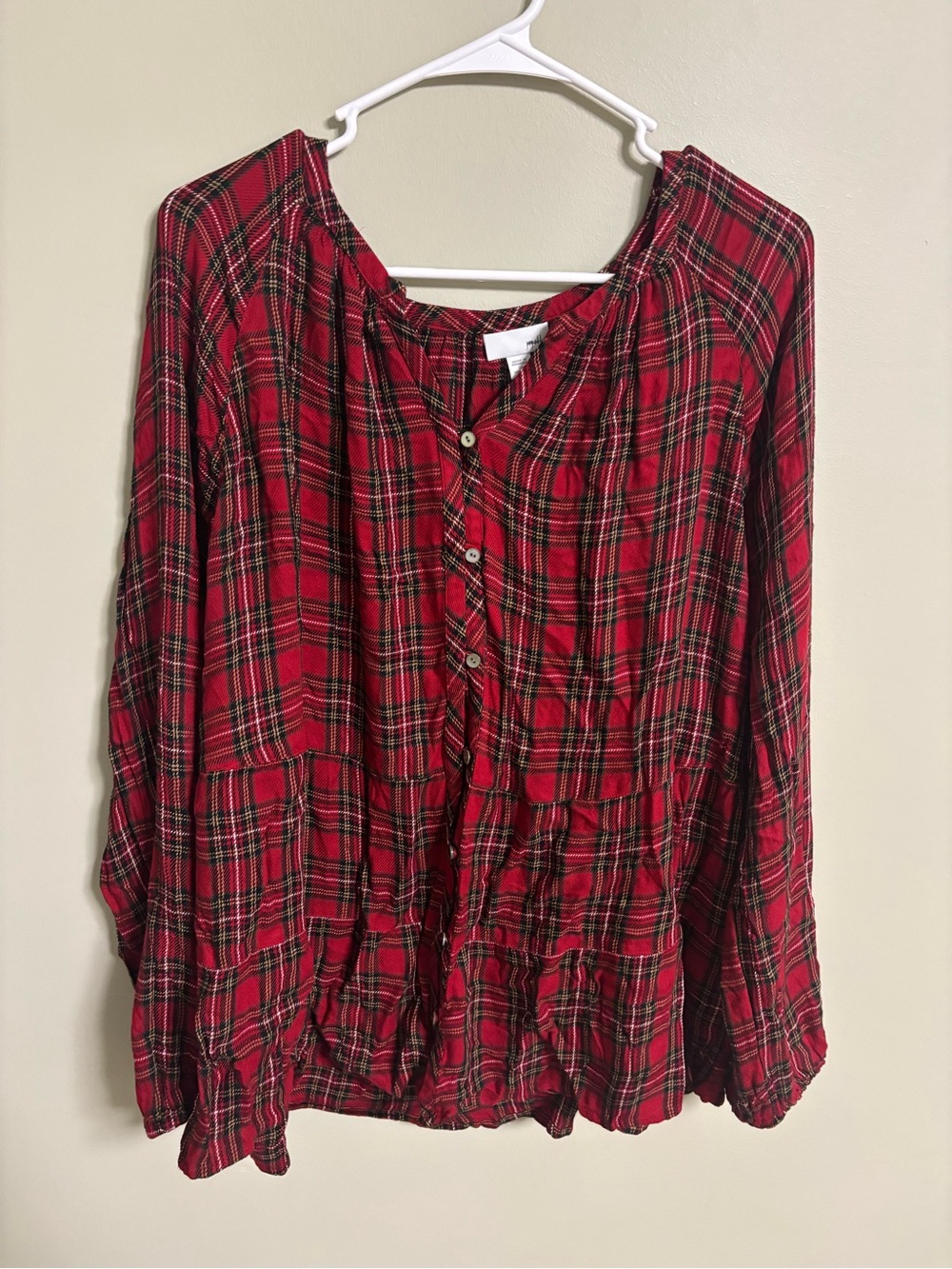 J Jill Top Size 2X Red Flannel Plaid Long Sleeve Button Tunic Holiday Christmas